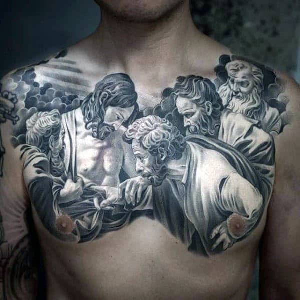 Amazing Mens White And Grey Ink 3d Realistic Jesus Chest Tattoos