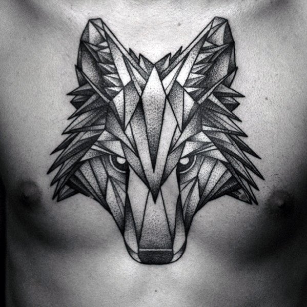 Large geometric wolf head tattoo on the chest, featuring sharp angular shapes and bold dotwork shading for a fierce, symmetrical design.