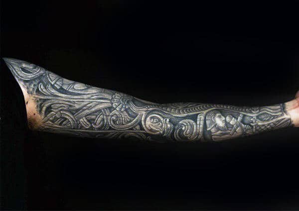 Amazing Mens Wood Carving Norse Themed Full Sleeve 3d Tattoos