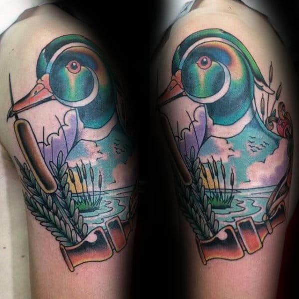 Amazing Mens Wood Duck Tattoo Designs On Upper Arm
