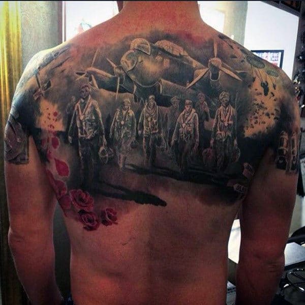 Amazing Mens Ww2 Themed Upper Back Memorial Tattoos
