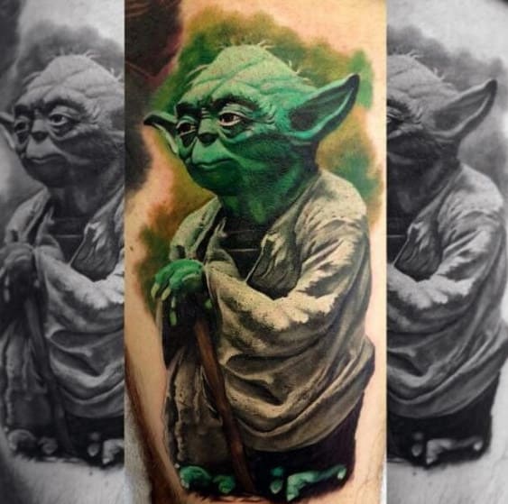 Amazing Mens Yoda Arm Tattoo With Watercolor Background