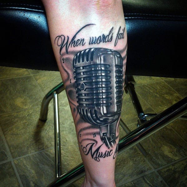 Amazing Microphone Tattoo With Quote Male Forearms