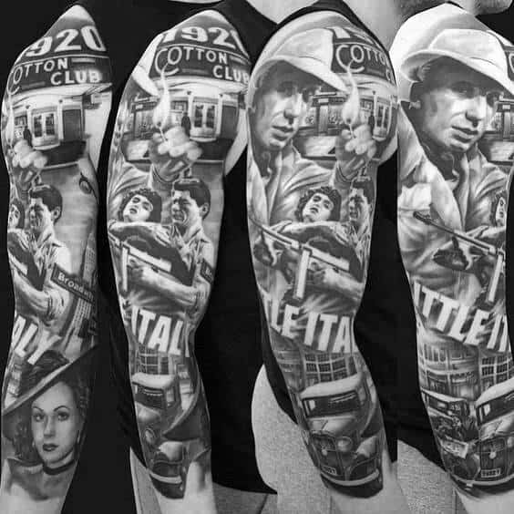 Black and grey tattoo sleeve with vintage gangster, Cotton Club, and Little Italy scenes, capturing classic 1920s mobster nostalgia.