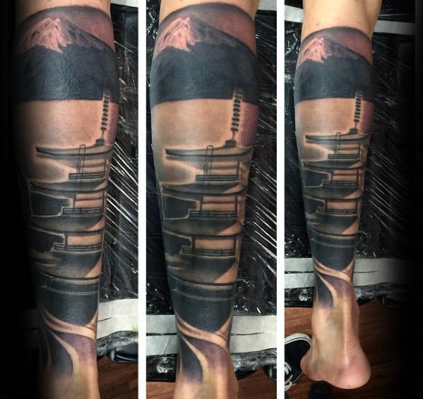 Amazing Mountain With Japanese Temple Guys Leg Sleeve Tattoo