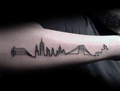Amazing Music Note Skyline Mens Outer Forearm Tattoo Design Ideas