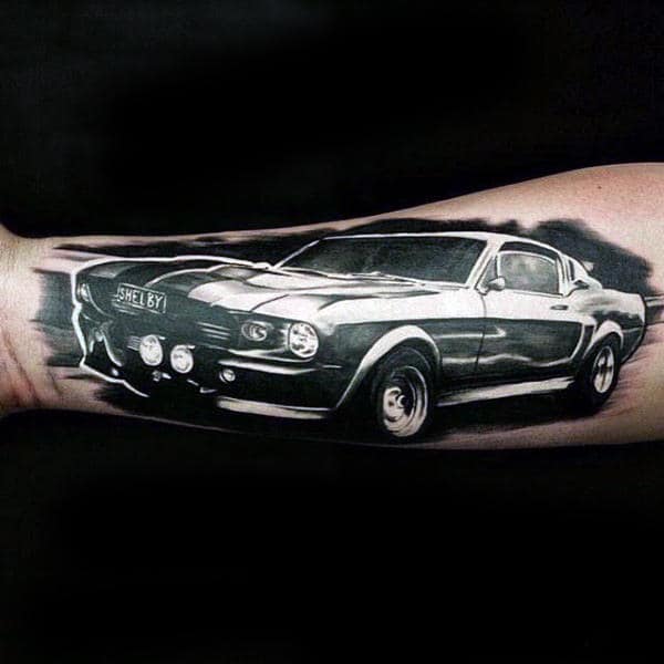 Amazing Mustang Mens Outer Forearm Shaded Tattoo Design Ideas