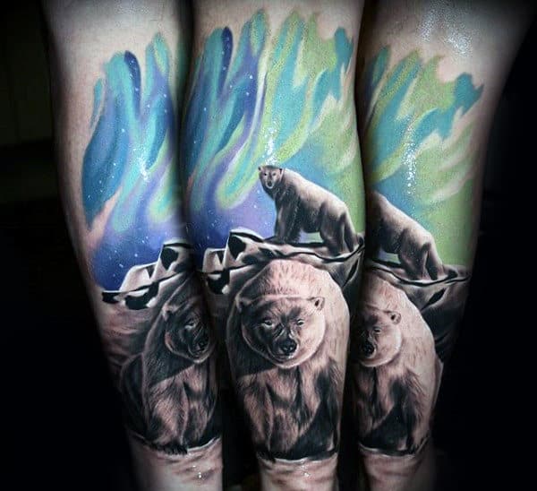 Amazing Northern Lights Realistic Mens Polar Bear Forearm Tattoo