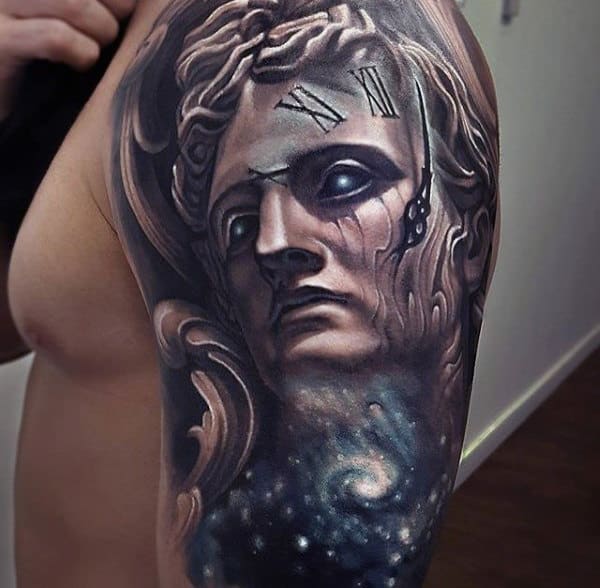 Amazing Original Roman Numeral Clock With Greek God Mens Half Sleeve Tattoos
