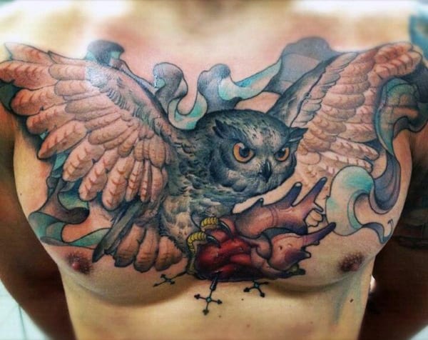 Amazing Owl Heart Chest Tattoos For Guys