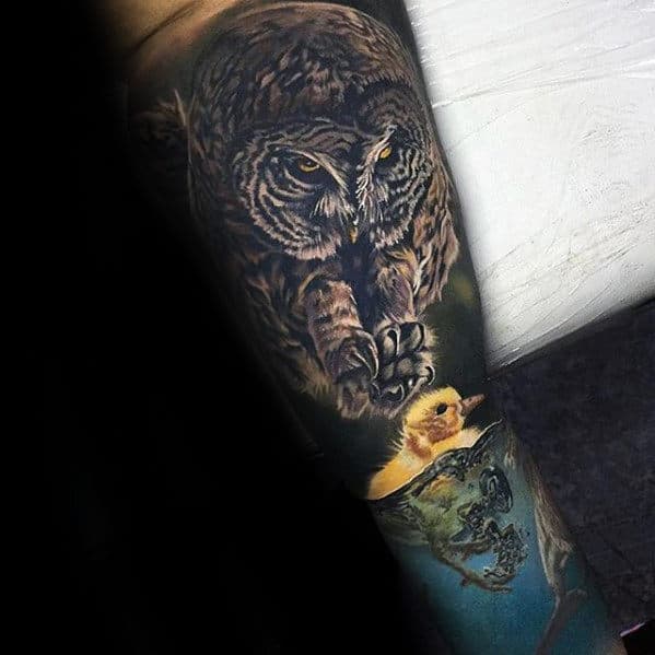 Amazing Owl With Yellow Chick In Water Mens Realistic 3d Sleeve Tattoo Designs