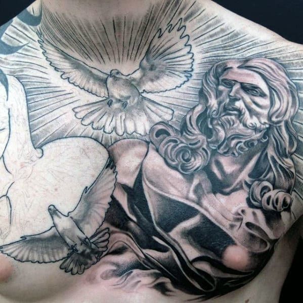 Amazing Radiant Doves With Jesus Portrait Male Chest Tattoo