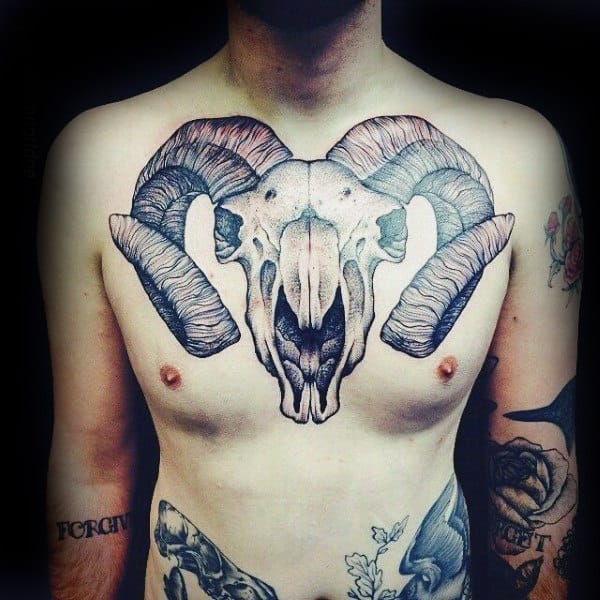Amazing Ram Skull Mens Upper Chest Tattoo Designs