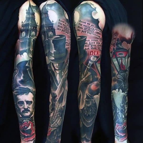 Four tattooed arms with images of Edgar Allan Poe, Big Ben, a lamppost, a raven, and various text elements