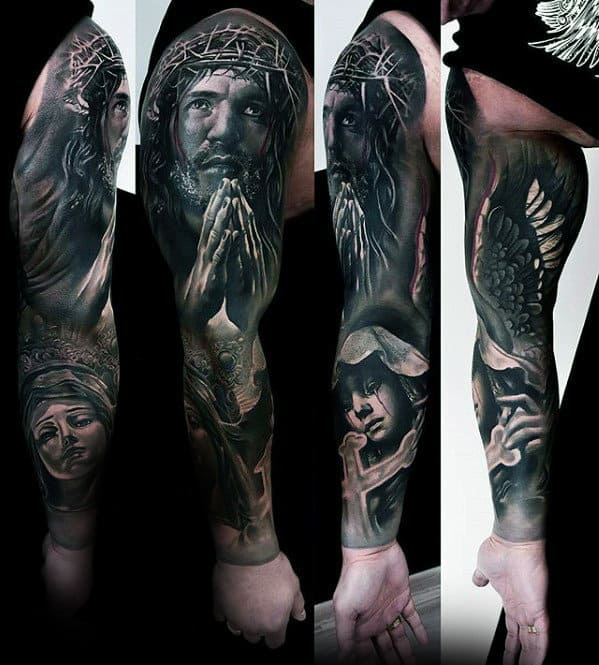 Amazing Realistic 3d Catholic Full Arm Sleeve Tattoo For Men