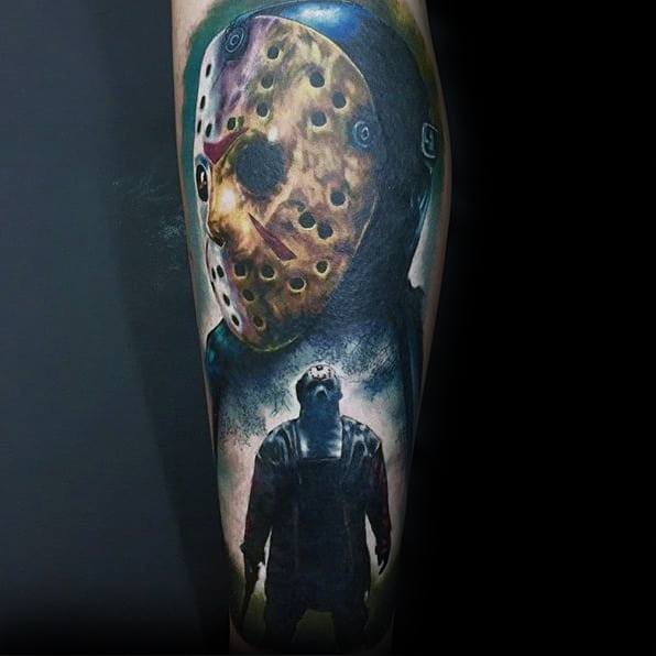 Amazing Realistic 3d Leg Mens Jason Mask Tattoo Friday The 13th Designs