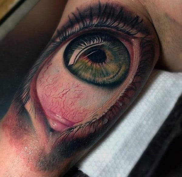 Amazing Realistic 3d Mens Bicep Eyeball Tattoo