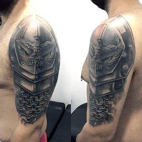Amazing Realistic 3d Spqr Battle Armor Mens Half Sleeve Tattoos