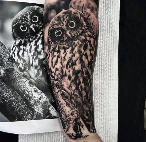 Amazing Realistic Owl Forearm Sleeve Tattoos For Men
