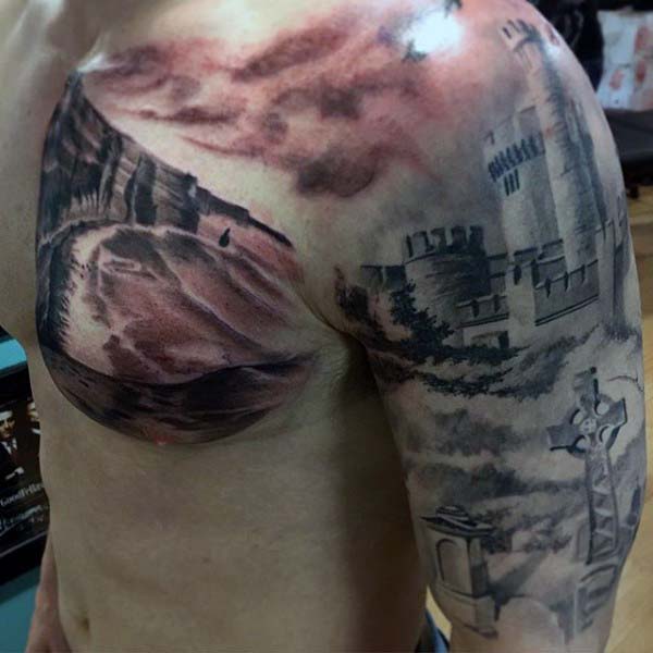 Amazing Realistic Watercolor Irish Castle Guys Half Sleeve And Chest Tattoo