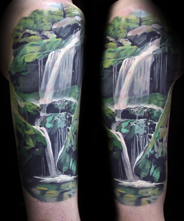 Amazing Realistic Waterfall Mens Upper Arm Tattoos