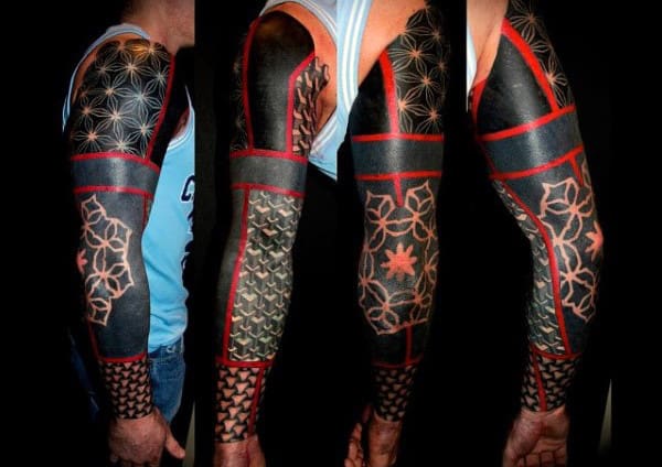 Amazing Red Ink And Black Full Tattoo Sleeve For Men