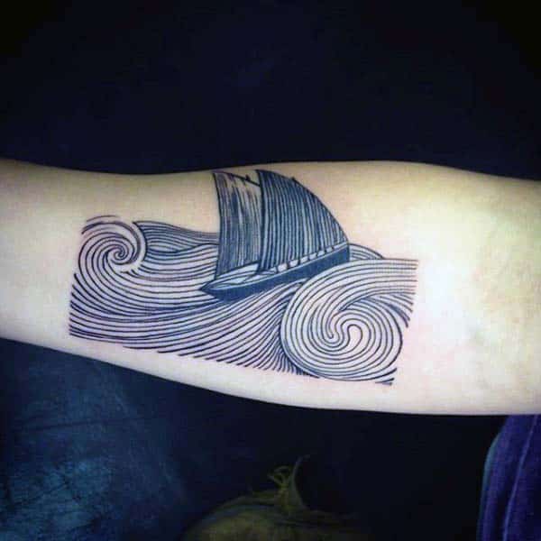 Amazing Sailboat Moving Through Ocean Waves Woodcut Inner Forearm Tattoos For Men