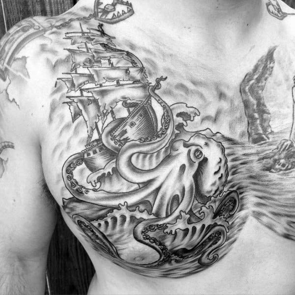 Amazing Sailing Ship With Kraken Out At Sea Mens Chest Tattoos