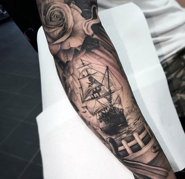 Amazing Sailing Ship With Pirate Flag Mens Full Arm Sleeve Tattoos