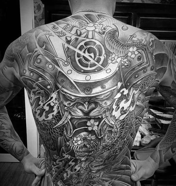 Amazing Samurai Helmet Full Back Tattoo On Gentleman