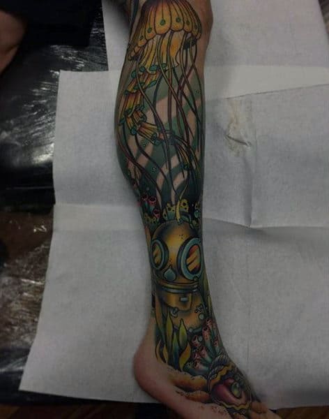 Amazing Sea Life And Jellyfish Tattoo Guys Lower Legs