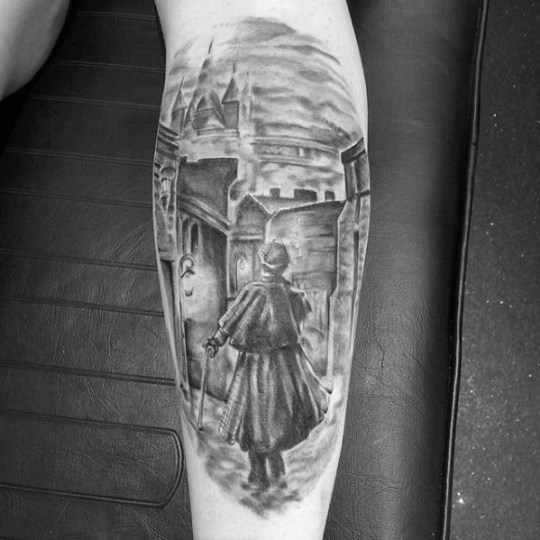 Tattoo of a cloaked figure, reminiscent of Sherlock Holmes, on a medieval street beneath a cloudy sky with castles