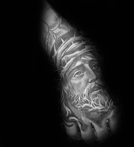 Amazing Shaded Jesus Portrait Religious Hand Tattoos For Males