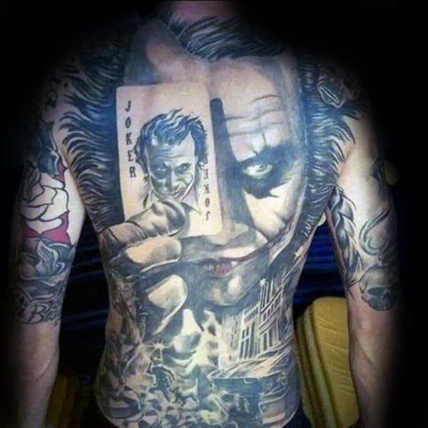 Amazing Shaded Joker Mens Full Back Tattoo Inspiration