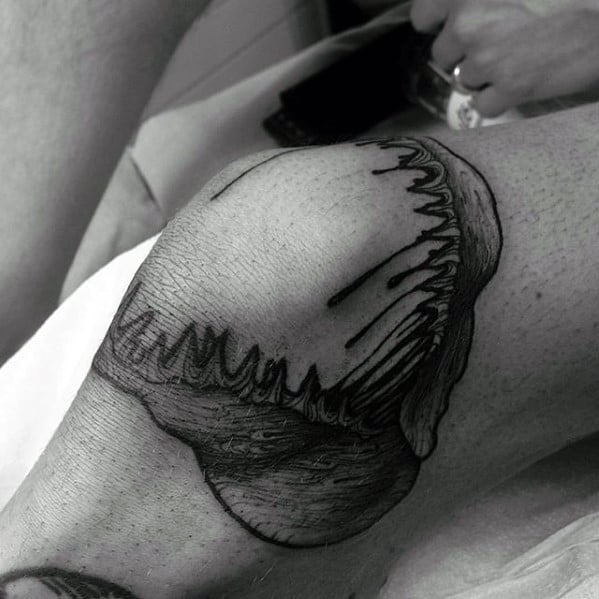 Amazing Shark Jaw With Blood Guys Knee Tattoos