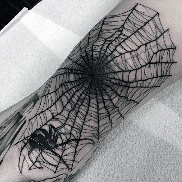 Amazing Spider Web Mens Black Ink Knee Tattoo Ideas