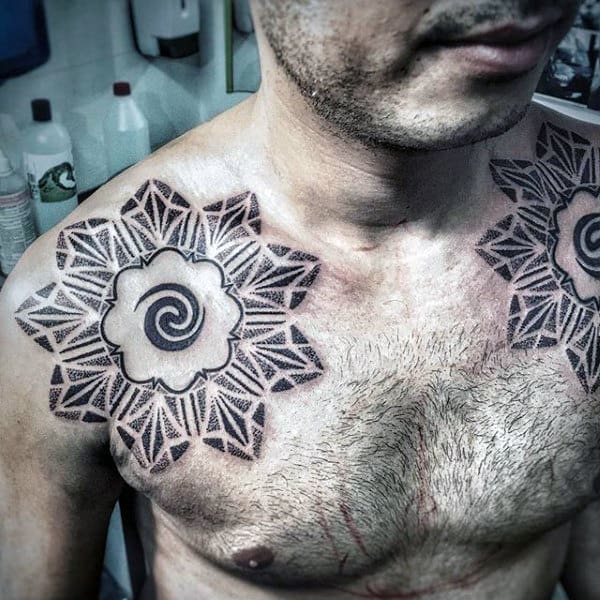Amazing Spiral Mens Upper Chest Tattoo Designs Dotwork Geometric