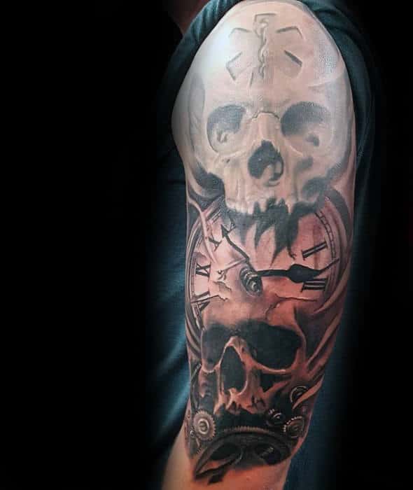 Amazing Star Of Life Skull And Clock Guys Half Sleeve Tattoos