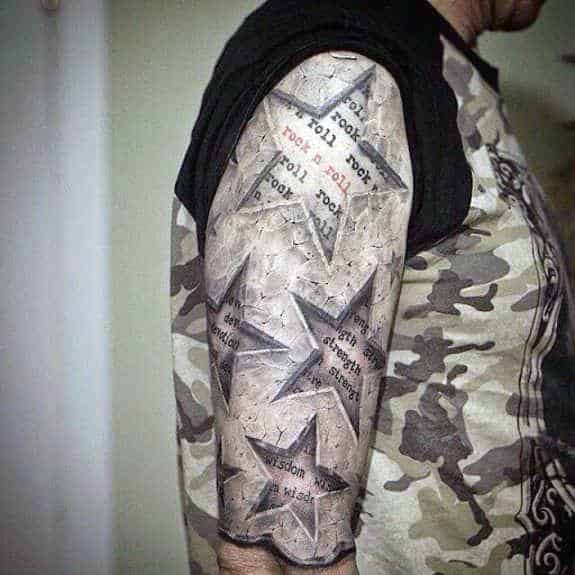 Realistic 3D star sleeve tattoo with torn skin effect, revealing layered text like "rock" and "wisdom" inside each star segment.