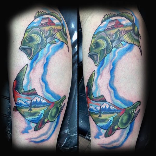 Amazing Tattoo Of Jumping Bass Fish With Farm Mountains And Trees For Men