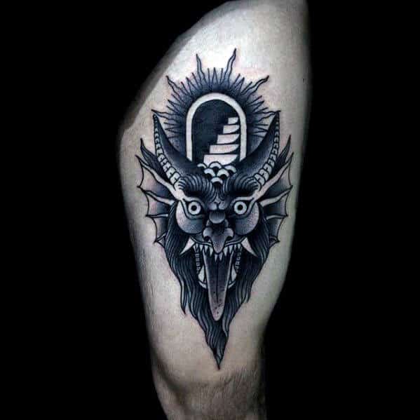Amazing Traditional Devil Staircase Mens Thigh Tattoo