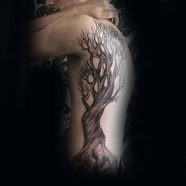 Amazing Tree Back And Rib Cage Male Tattoos