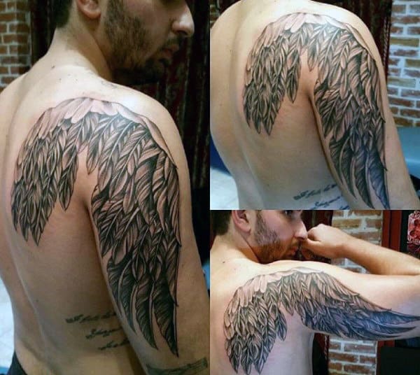 Amazing Tribal Feather Tattoo For Guys On Back And Shoulders