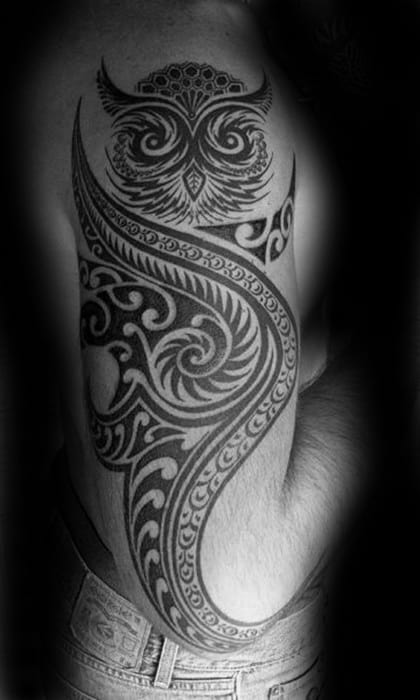 Amazing Tribal Owl Guys Arm Tattoo Ideas