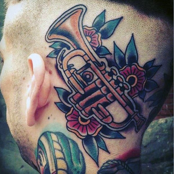 Amazing Trumpet Tattoo On Head For Men