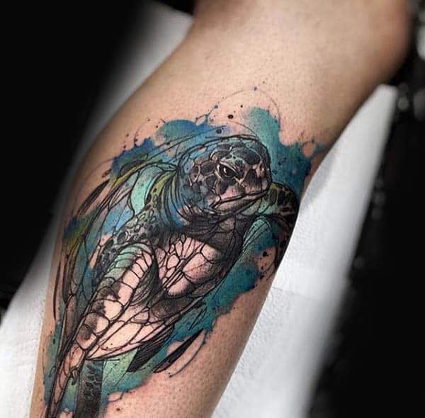 Amazing Turtle Watercolor Tattoo On Mans Leg Calf