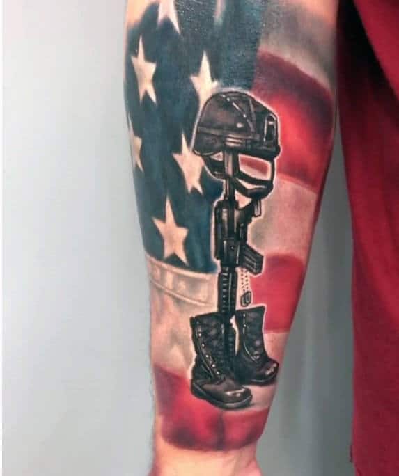 Amazing Usa Flag Fallen Soldier Cross Mens Forearm Sleeve Tattoo