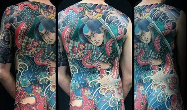 Amazing Warrior Octopus Japanese Full Back Tattoo