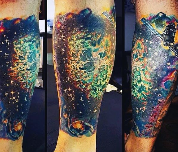 Colorful space-themed tattoo with stars, and a nebula on leg in three different angles