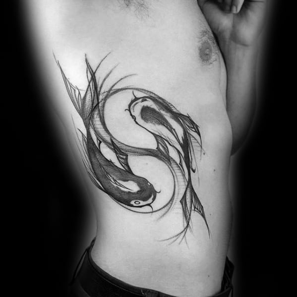 Amazing Watercolor Rib Cage Side Mens Yin Yang Koi Fish Tattoo Designs